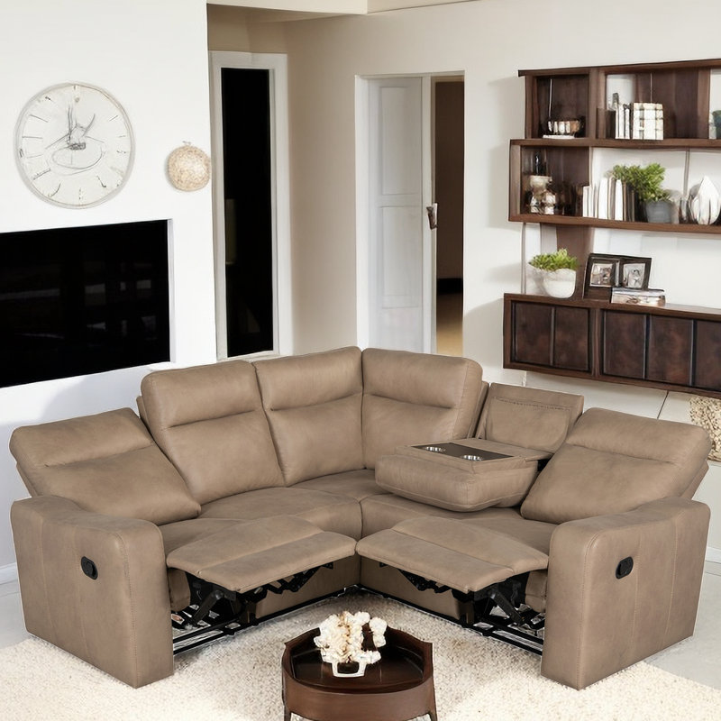 Upholstered Manual Recliner Sectional Sofa With 2 Cup Holders 